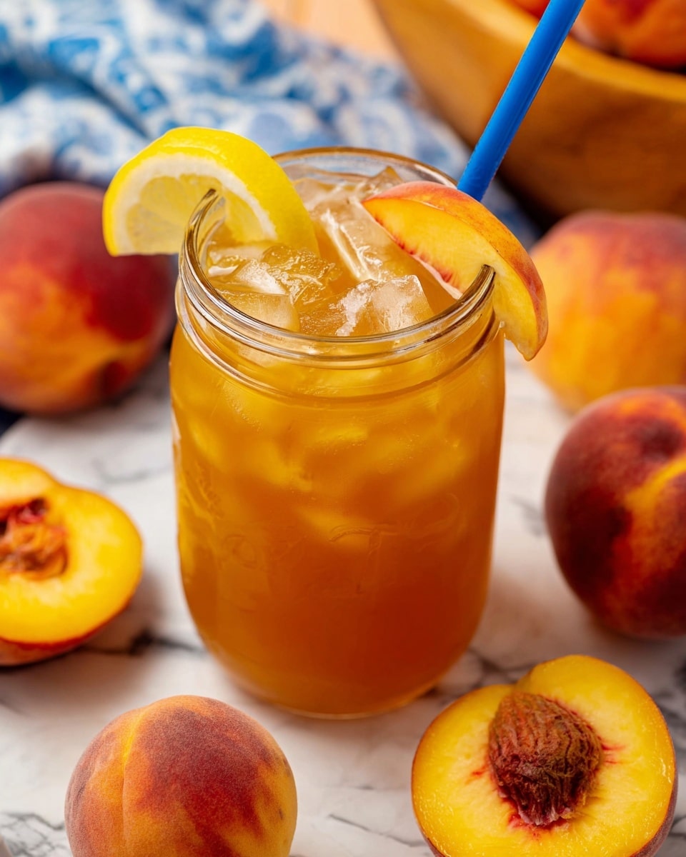 A clear glass jar filled with a golden-orange iced drink, showing visible ice cubes throughout the liquid. On top, there is a wedge of lemon and a slice of peach resting against the ice, with a blue straw inserted into the jar. Surrounding the jar are whole peaches and halved peaches with visible pits on a white marbled surface, adding natural warm tones and texture. The background is softly out of focus but hints at warm orange hues and a blue and white cloth on the side. Photo taken with an iphone --ar 4:5 --v 7