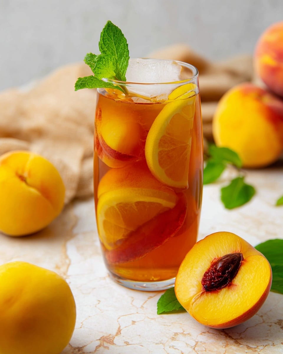 A clear glass filled with iced peach tea shows several orange and yellow peach slices and lemon slices floating inside the amber-colored liquid, with a large ice cube near the top and a fresh green mint leaf garnish resting on the rim. The glass is placed on a white marbled surface, surrounded by whole yellow peaches and one peach cut in half to reveal its deep orange flesh and dark brown pit. There is a soft, textured background with some green leaves and a beige cloth nearby. Photo taken with an iphone --ar 4:5 --v 7