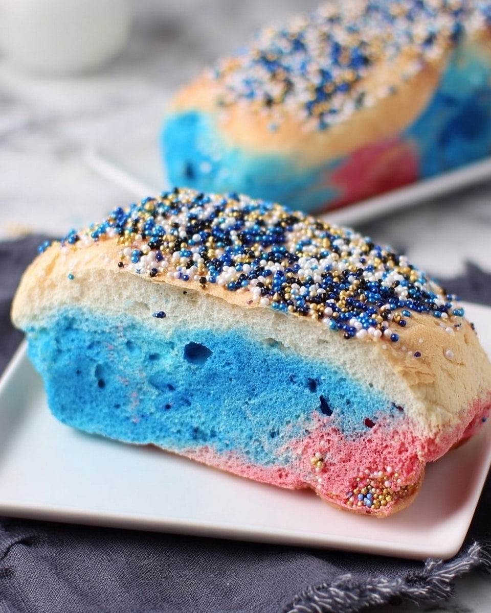 Two layers of cotton candy bread resting on a white square plate set on a dark gray cloth with frayed edges over a white marbled surface. The bottom layer is bright blue and fluffy with a smooth texture, blending into a small patch of pink and red near the edge. The top layer is beige, sprinkled heavily with colorful small round and rod-shaped sprinkles in blue, white, black, and gold, adding a crunchy look. Another piece of the same bread is blurred in the background, showing the cotton candy bread’s airy and light texture. photo taken with an iphone --ar 4:5 --v 7