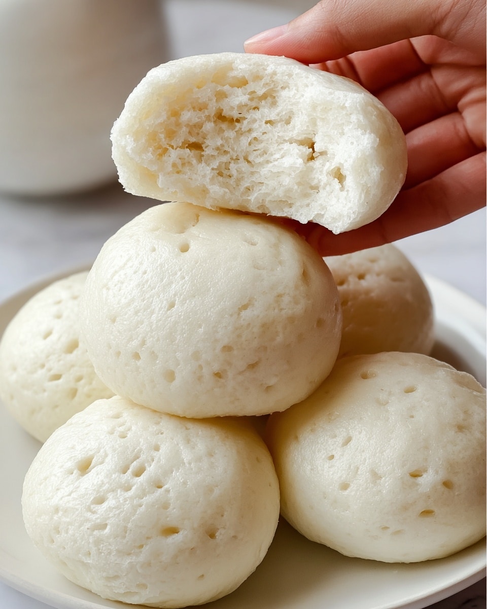 A group of six soft, round white steamed buns with a smooth, slightly porous texture are stacked on a white plate set on a white marbled surface. One bun is held close to the camera by a woman's hand, broken in half to reveal a fluffy, airy inside with a spongy texture and small air pockets. The buns have a pale, almost translucent white color with tiny holes scattered across their surfaces. photo taken with an iphone --ar 4:5 --v 7