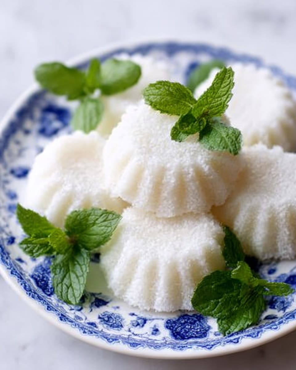 The image shows a white plate with blue floral patterns, filled with five white, soft, and fluffy steamed rice cakes arranged in a circular formation. Each cake has a ridged edge and a smooth, slightly grainy texture on top, appearing light and airy. Fresh green mint leaves are placed on top and around the cakes, adding a bright contrast to the white cakes and plate. The plate is set on a white marbled surface, creating a clean and elegant background. Photo taken with an iphone --ar 4:5 --v 7