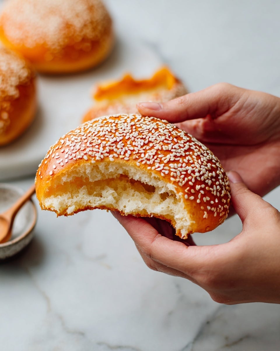 A close-up view shows a woman's hands breaking open a golden-brown sesame-covered bun, revealing its fluffy and airy inside. The outer layer is a shiny, crispy crust covered with many white sesame seeds, while the inner part looks soft and light with a textured, slightly torn appearance. In the blurred background, more buns and a small bowl with a wooden spoon rest on a white marbled surface. photo taken with an iphone --ar 4:5 --v 7