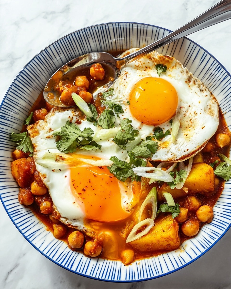 The image shows a white bowl with blue stripes filled with a rich chickpea stew and two fried eggs on top. The stew has a deep orange-red sauce with chickpeas and chunks of soft yellow potatoes mixed throughout. The eggs have bright, sunny orange yolks, with one yolk slightly broken, letting the golden liquid spill into the stew. Thin green herb leaves and slices of white onion rings are scattered on top, adding a fresh contrast. A silver spoon rests inside the bowl, holding a scoop of stew with chickpeas and part of the egg white. The bowl sits on a white marbled surface. photo taken with an iphone --ar 4:5 --v 7