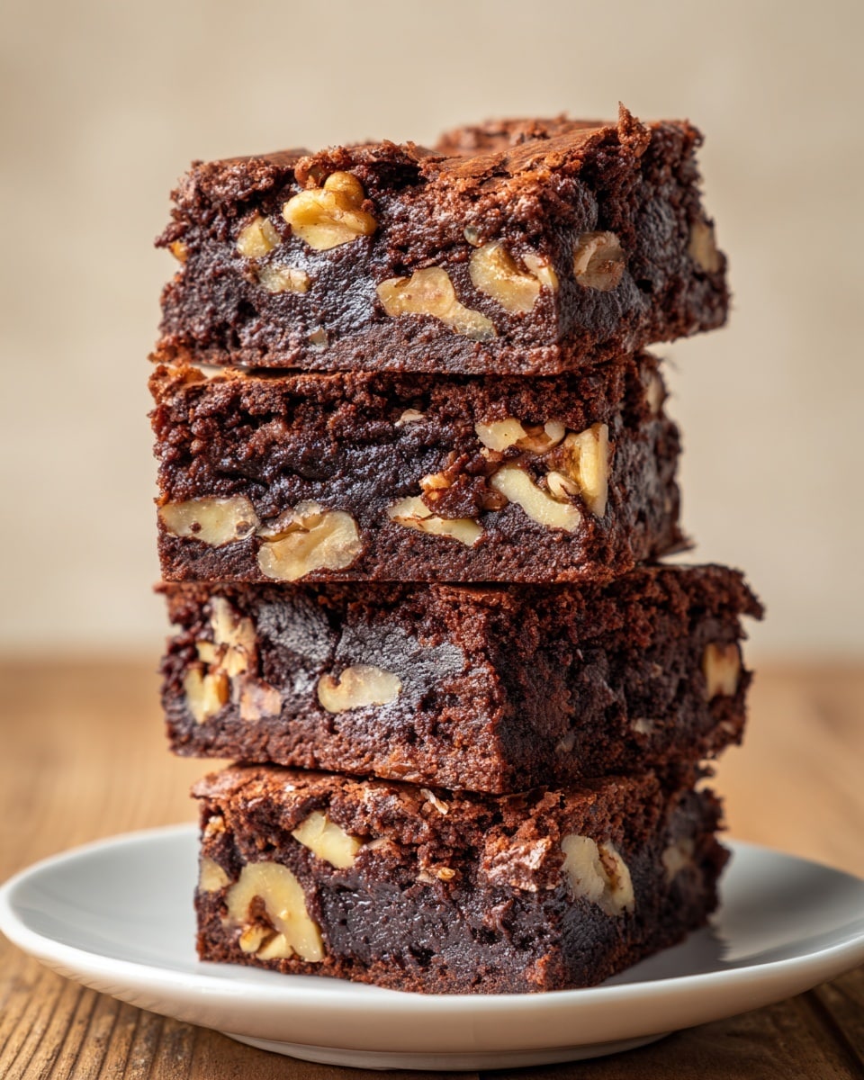 A stack of four thick, square brownies shows rich, dark brown layers filled with many large and small light brown walnut pieces evenly spread throughout each layer. The brownies have a moist, dense texture with a slightly shiny top. The stack is placed on a white plate on a wooden surface with a soft beige background. photo taken with an iphone --ar 4:5 --v 7