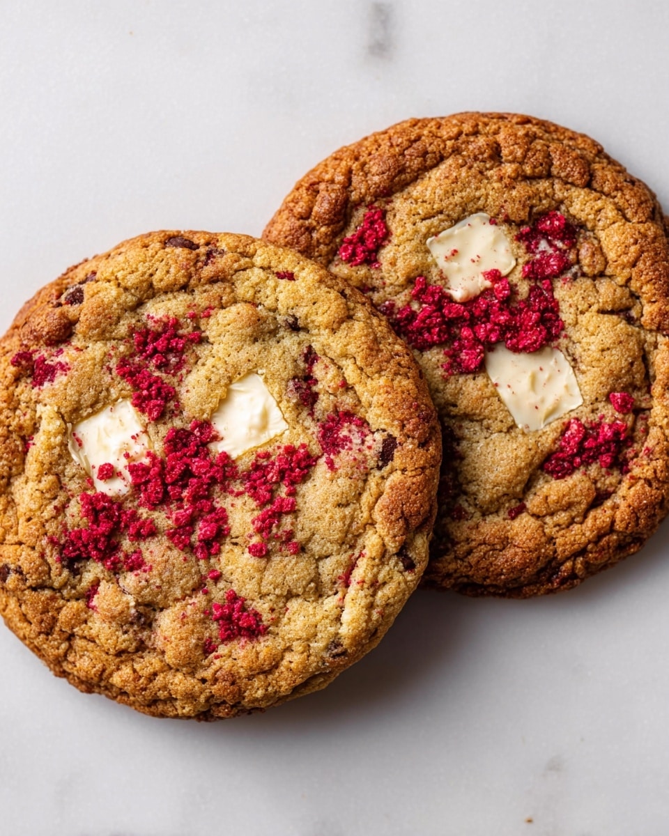Two round cookies sit side by side on a white marbled surface, each about the same size with a golden-brown, slightly crispy outer edge and a soft, textured middle. The top of each cookie has a square of white chocolate embedded in the center, partially melted and surrounded by small bright red crumbles that add a pop of color and a crunchy texture. The cookies have a rough, bumpy surface with visible dark specks likely from chocolate chips baked inside. photo taken with an iphone --ar 4:5 --v 7