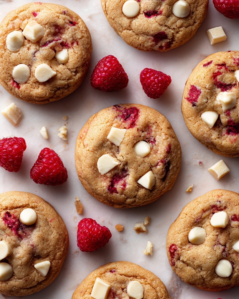 The image shows several round cookies placed on a white marbled surface, each cookie having a golden-brown base with visible swirls of red raspberry pieces mixed inside. Scattered on top and within the cookies are creamy white chocolate chunks of irregular shapes and sizes that add texture to the soft cookie dough. Fresh, plump red raspberries with their tiny textured drupelets sit alongside the cookies, some whole and some slightly squished, with small white chocolate crumbs and bits spreading around the arrangement. The overall look is warm and inviting with a mix of soft and slightly crumbly textures in a casually scattered layout. photo taken with an iphone --ar 4:5 --v 7