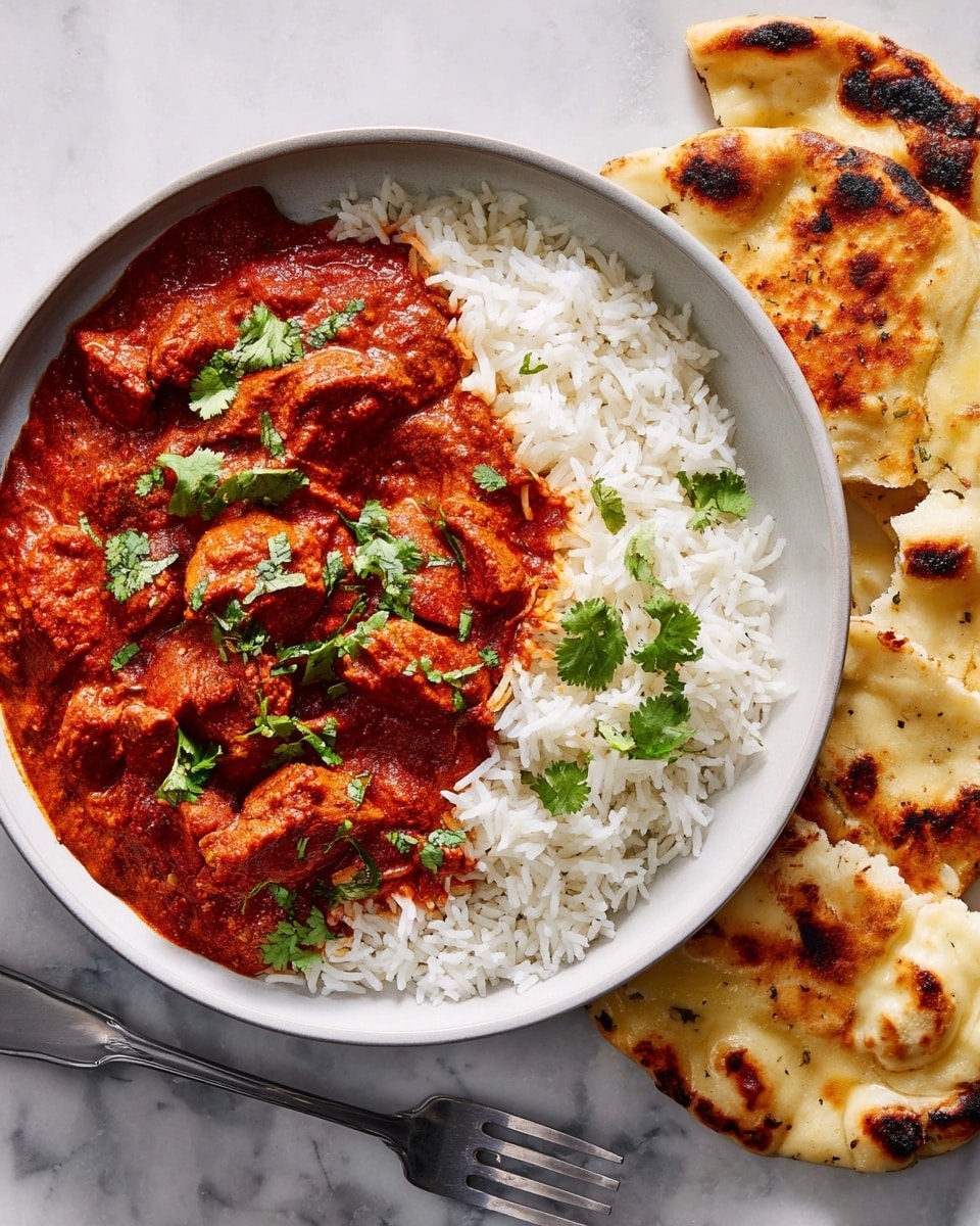 A shallow white bowl filled with a layer of fluffy white rice forming a crescent shape on the left side, and a thick, rich red curry with visible chunks of tender meat covering the right side. Bright green cilantro leaves are sprinkled on top of the curry and a few on the rice, adding a fresh contrast. Next to the bowl on a white marbled surface, pieces of lightly charred naan bread with brown spots are casually placed, alongside a silver fork lying flat. The whole scene looks bright and inviting, showing a well-balanced Indian meal photo taken with an iphone --ar 4:5 --v 7