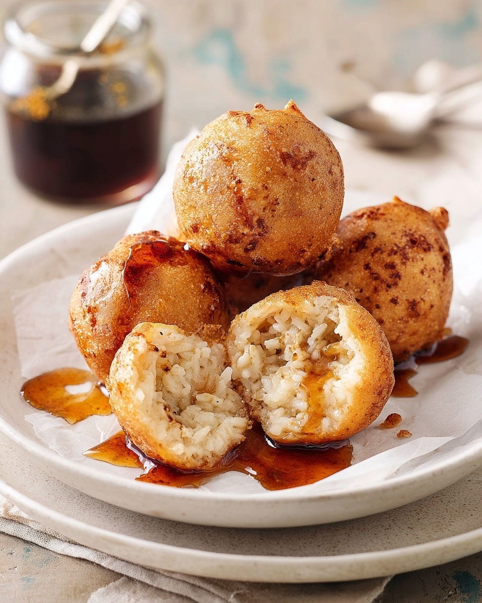 The image shows a white bowl filled with five golden brown fried dough balls with a rough, crispy texture. One dough ball is broken open, revealing a soft, light beige inside filled with rice-like grains and drizzled with a glossy dark amber syrup that drips slightly onto the edge of the bowl. The white bowl sits on a slightly larger white plate, both placed on a white marbled surface with faint grey veins. In the blurred background, there is a jar with dark syrup and a spoon inside. photo taken with an iphone --ar 4:5 --v 7