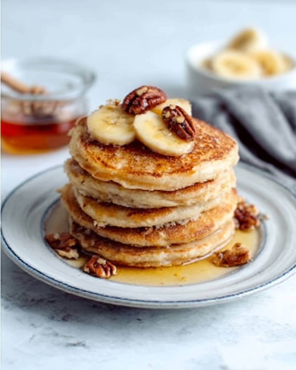 A stack of six golden brown pancakes sits centered on a white plate with a thin blue rim. On top of the stack are two banana slices and a few pecans, with some syrup dripping down the sides, pooling slightly at the bottom. The pancakes have a soft, fluffy texture with light browning around the edges. In the background, on the white marbled surface, there is a glass dish of syrup, a white bowl with more banana slices, and a folded gray cloth napkin. The image focuses closely on the pancakes, showing warm, inviting colors. Photo taken with an iphone --ar 4:5 --v 7
