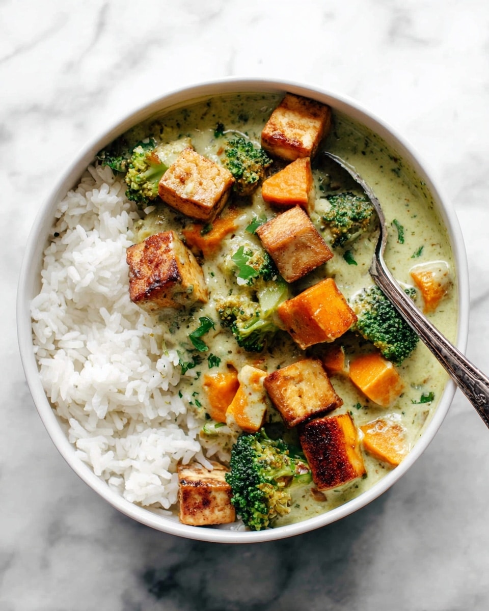 A close-up view of a white bowl filled with a creamy soup that forms the bottom layer, off-white and smooth in texture. On top of the soup are bright green broccoli florets scattered around, adding a fresh and rough texture. The top layer features golden-brown, crispy tofu cubes evenly spread, with bits of finely chopped green herbs sprinkled across the tofu, adding a pop of color and texture. The edges of the bowl curve smoothly, contrasting with the rich textures inside. The background is a white marbled surface photo taken with an iphone --ar 4:5 --v 7