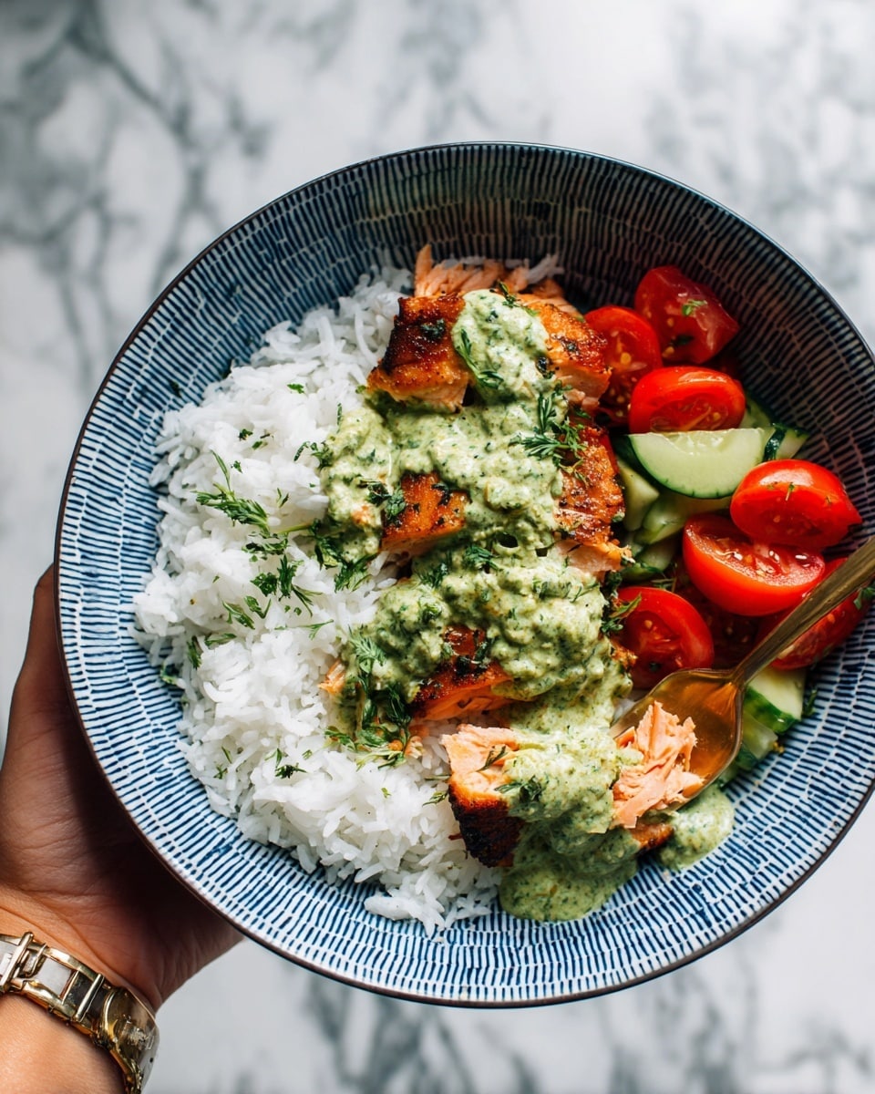 A dark round bowl holds three main layers: on the left, a bed of light brown wild rice with small grains; in the center, a piece of well-cooked salmon with a reddish-brown crispy outside, topped with a smooth, light green creamy sauce; on the right, a fresh salad layer with green spinach leaves, yellow corn kernels, and red and orange cherry tomato halves. A decorative silver fork rests on the salad side of the bowl. In the background, a white bowl with green patterns contains similar salad, and a small dark wooden bowl with the same light green sauce is present. The scene is set on a white marbled surface with a bunch of yellow flowers to the right. Photo taken with an iphone --ar 4:5 --v 7