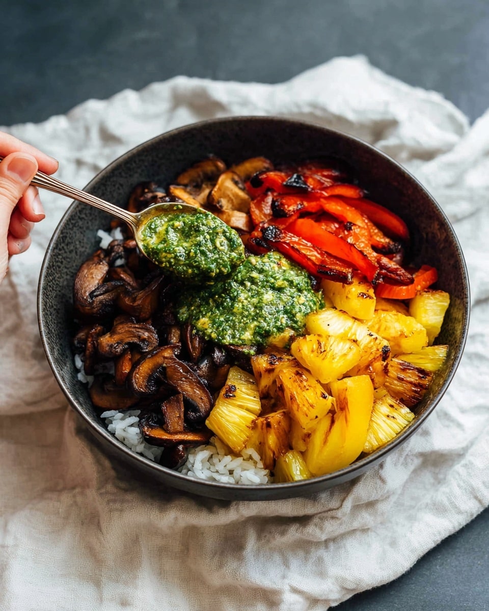 A close-up view of a white bowl filled with four main layers: at the bottom is a layer of white cooked rice with some grains visible and soft texture; on top of the rice are bright red strips of roasted bell pepper placed on the left side, yellow roasted pepper strips on the right, and golden pieces of roasted pineapple near the center back; in front of the pineapple is a dollop of thick, rough green sauce with visible small chunks; the front foreground shows dark brown, slightly shiny roasted mushroom slices with charred edges, creating a rich, textured contrast. The bowl sits on a white marbled surface. photo taken with an iphone --ar 4:5 --v 7