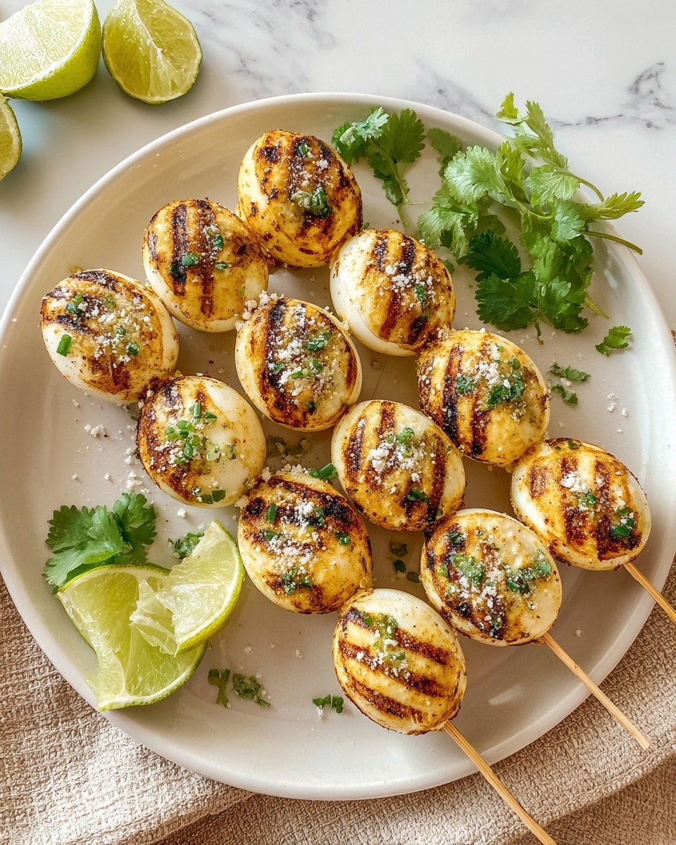 The image shows two wooden skewers with five grilled eggs each, arranged neatly on a large white plate. The eggs are golden-brown with charred grill lines across their tops, topped with small bits of chopped green herbs and a dusting of light-colored seasoning that looks like grated cheese or salt. On the side of the plate are three lime wedges and several sprigs of fresh green cilantro, adding a fresh contrast to the grilled eggs. The plate is placed on a white marbled surface with a beige textured cloth nearby. photo taken with an iphone --ar 4:5 --v 7