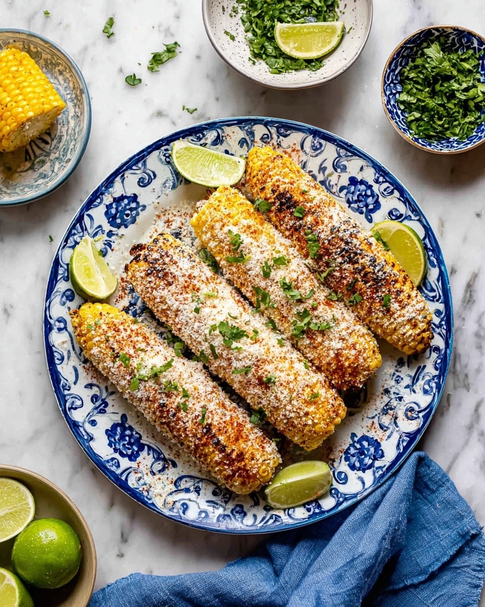 Four grilled corn cobs are laid out side by side on a white plate with blue floral patterns. Each corn cob is covered with a light creamy layer and sprinkled with reddish-brown spices and white cheese powder, giving a textured look. Bright green chopped herbs are scattered on top, adding fresh color. Two small lime wedges rest on two of the corn cobs, bright and juicy. Surrounding the plate are small bowls containing chopped herbs, lime wedges, and a yellow piece of corn with a creamy sauce on top. A blue cloth lies partially folded near the plate on a white marbled surface. photo taken with an iphone --ar 4:5 --v 7