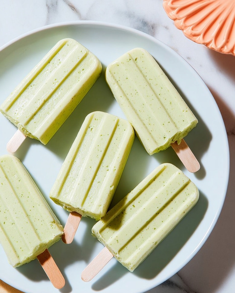 The image shows six pale green popsicles with a creamy texture placed on a white plate. Each popsicle has three long, vertical grooves and a smooth surface with tiny green specks visible inside. The popsicles are neatly arranged, some lying flat with wooden sticks sticking out from the bottom. The background is a white marbled texture, and part of a peach-colored decorative item is visible in the top right corner. The lighting is bright, making the popsicles look fresh and cool. photo taken with an iphone --ar 4:5 --v 7