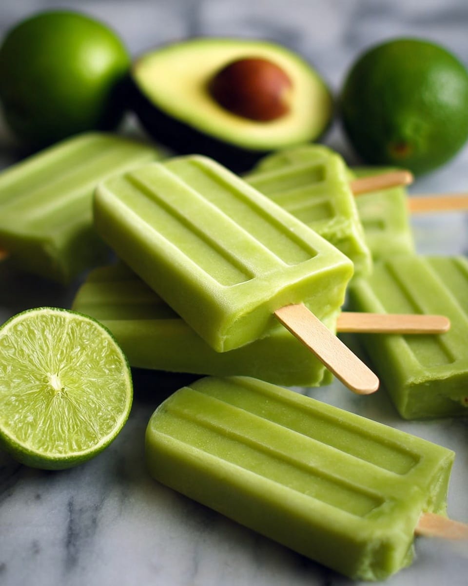The image shows several bright green popsicles with smooth, slightly shiny surfaces and wooden sticks, arranged in a casual pile on a white marbled surface. Behind the popsicles are fresh green limes, one cut in half showing its juicy, segmented inside with a light green color, and a halved avocado with dark green outer skin, a brown seed, and creamy light green flesh. The colors are fresh and vibrant with a clear focus on the popsicles in the front and a softly blurred background. photo taken with an iphone --ar 4:5 --v 7