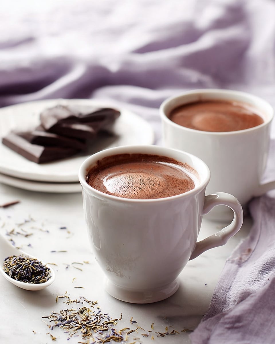 Two white cups are filled with thick hot chocolate, each showing a smooth, rich brown surface with a slight froth around the edges. One cup is placed closer to the front on a white marbled surface, with tea leaves scattered nearby and a white spoon holding some dry tea leaves next to it. Behind the cups, a white plate with pieces of dark chocolate rests on a soft lavender cloth that provides softness in the background. The overall scene shows a cozy, warm drink setup with soft natural light. photo taken with an iphone --ar 4:5 --v 7
