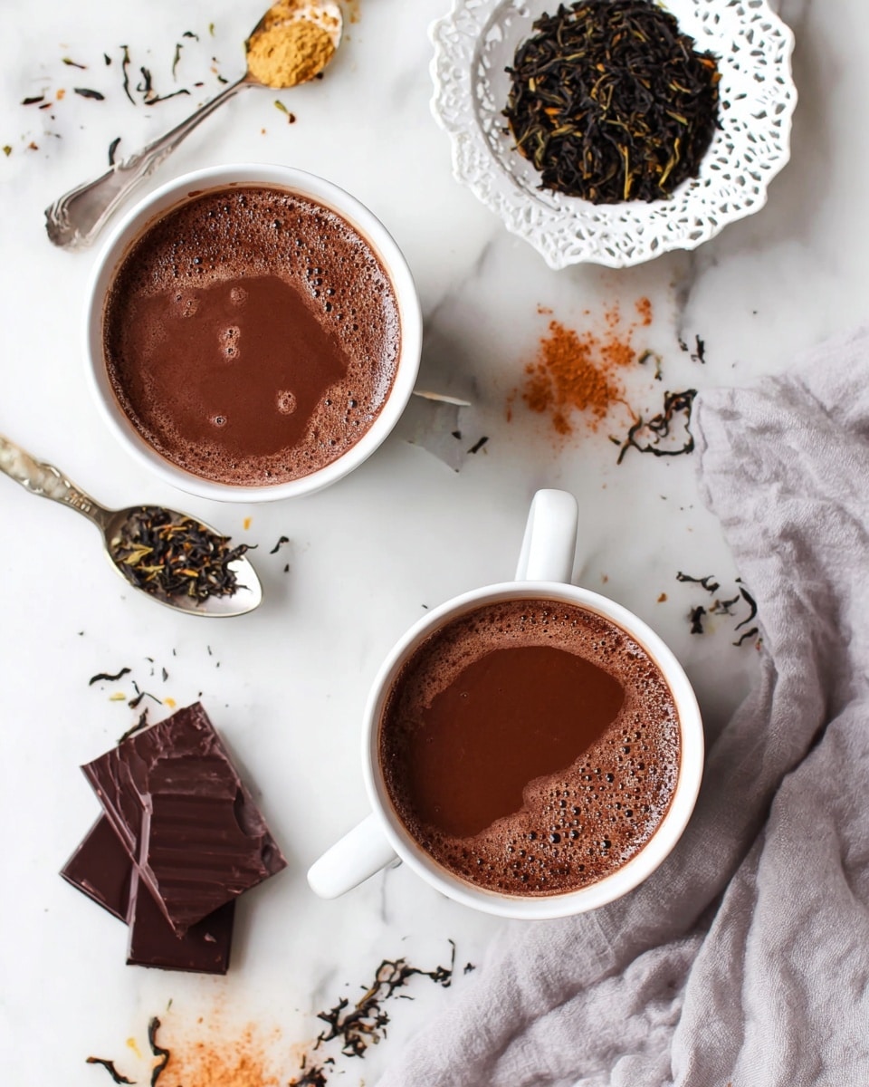 Two white cups filled with dark brown hot chocolate showing a layer of light foam on top, placed on a white marbled surface with scattered black tea leaves. Next to the cups, there are several pieces of dark chocolate blocks, and some orange-brown powder spots on the surface. A white lace-edged plate holds a bowl of loose tea leaves, all resting on a light gray cloth. A silver spoon with black tea leaves is also placed near one cup. photo taken with an iphone --ar 4:5 --v 7