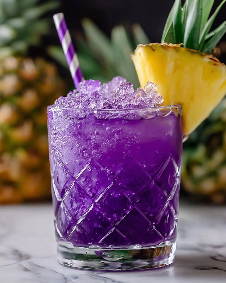 A short clear glass with a diamond pattern is filled to the top with bright purple crushed ice and a purple liquid, with condensation forming on the outside. On top of the ice, there is a thick slice of fresh yellow pineapple with green crown leaves, placed on the side of the glass. A purple-and-white striped straw sticks out of the glass on the left side. The glass is set on a white marbled surface with blurred pineapples in the background. photo taken with an iphone --ar 4:5 --v 7