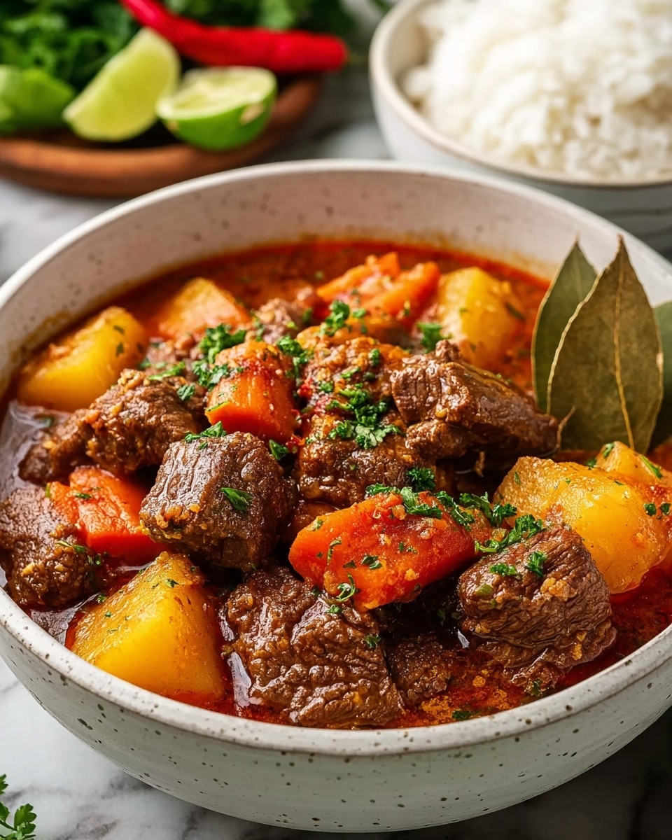 A white bowl holds a hearty stew with three large, dark brown chunks of beef on top, surrounded by golden yellow potato pieces and diced orange carrots in a rich reddish-brown sauce, all resting next to a serving of white rice on one side. The bowl is placed on a wooden table with a spoon partially visible on the right side inside the bowl. In the blurred background, a white pot is visible. The photo is taken with a white marbled texture surface. photo taken with an iphone --ar 4:5 --v 7