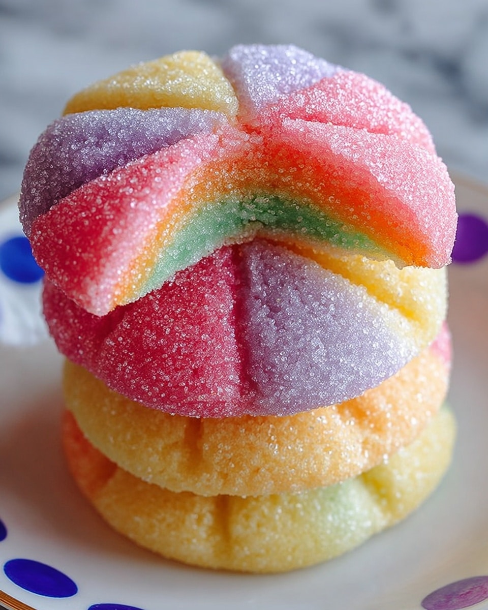 A close-up view of three stacked round sugar-coated jelly candies on a white plate, each candy divided into colored sections resembling flower petals, the top candy having green, purple, red, orange and yellow segments with a grainy sugar texture capturing light, the middle and bottom candies showing mostly orange, yellow and red shades with a similar sugar coating, all resting on a white marbled surface, photo taken with an iphone --ar 4:5 --v 7