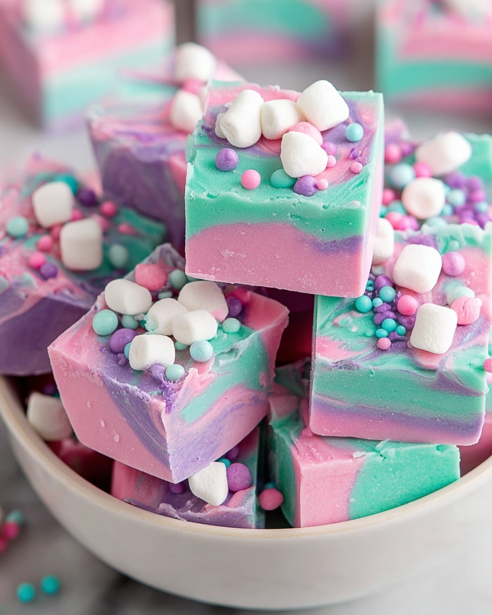 The image shows several small square pieces of fudge, each with three color layers swirled together: light pink on top, light purple in the middle, and light green at the bottom. The texture of the fudge looks smooth and creamy. The top of each square is decorated with small white mini marshmallows and colorful round sprinkles in pink, purple, and teal. The fudge pieces are piled inside a white bowl, placed on a white marbled surface. photo taken with an iphone --ar 4:5 --v 7