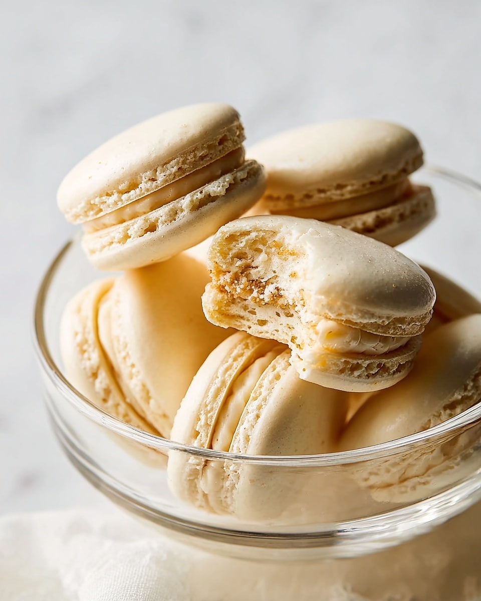 A clear glass bowl holds several creamy beige macarons with smooth, rounded shells and lightly textured edges. The macarons are layered with a thick, light tan filling in the middle. One macaron rests on top, broken in half to show a crumbly, soft interior with a visible creamy filling layer. The whole scene is placed on a white marbled surface, softly lit with a bright background. photo taken with an iphone --ar 4:5 --v 7