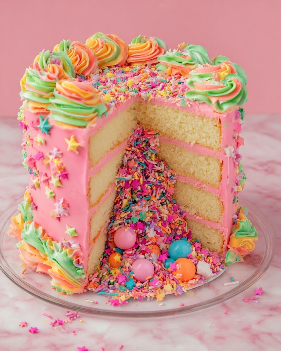 A tall, round cake with four layers of light yellow sponge, each separated by smooth bright pink frosting. The outside is fully covered with the same pink frosting, decorated with thick swirls of green, yellow, orange, and pink frosting along the sides and top edge. There is a large cutout section revealing the inside filled with many colorful small sprinkles shaped like stars and llamas, plus round candy balls in pink, orange, blue, and yellow spilling out onto a clear white plate below. The cake sits on a soft pink background with a white marbled texture. photo taken with an iphone --ar 4:5 --v 7