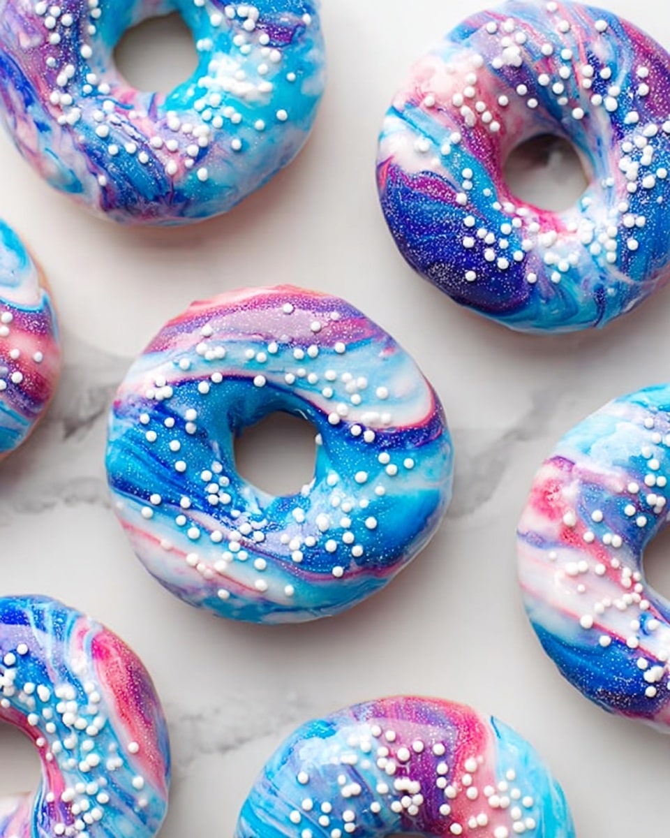 The image shows several donuts with a smooth, shiny glaze that looks like a galaxy swirl pattern. Each donut has a mix of bright blue, pink, purple, and white colors blending in wavy layers over the top, with small white round sprinkles scattered evenly. The donuts are round with a hole in the middle, placed on a white marbled surface that gives a clean and bright background. The glaze looks thick and glossy, covering the whole top surface of each donut, making them look fresh and colorful. photo taken with an iphone --ar 4:5 --v 7