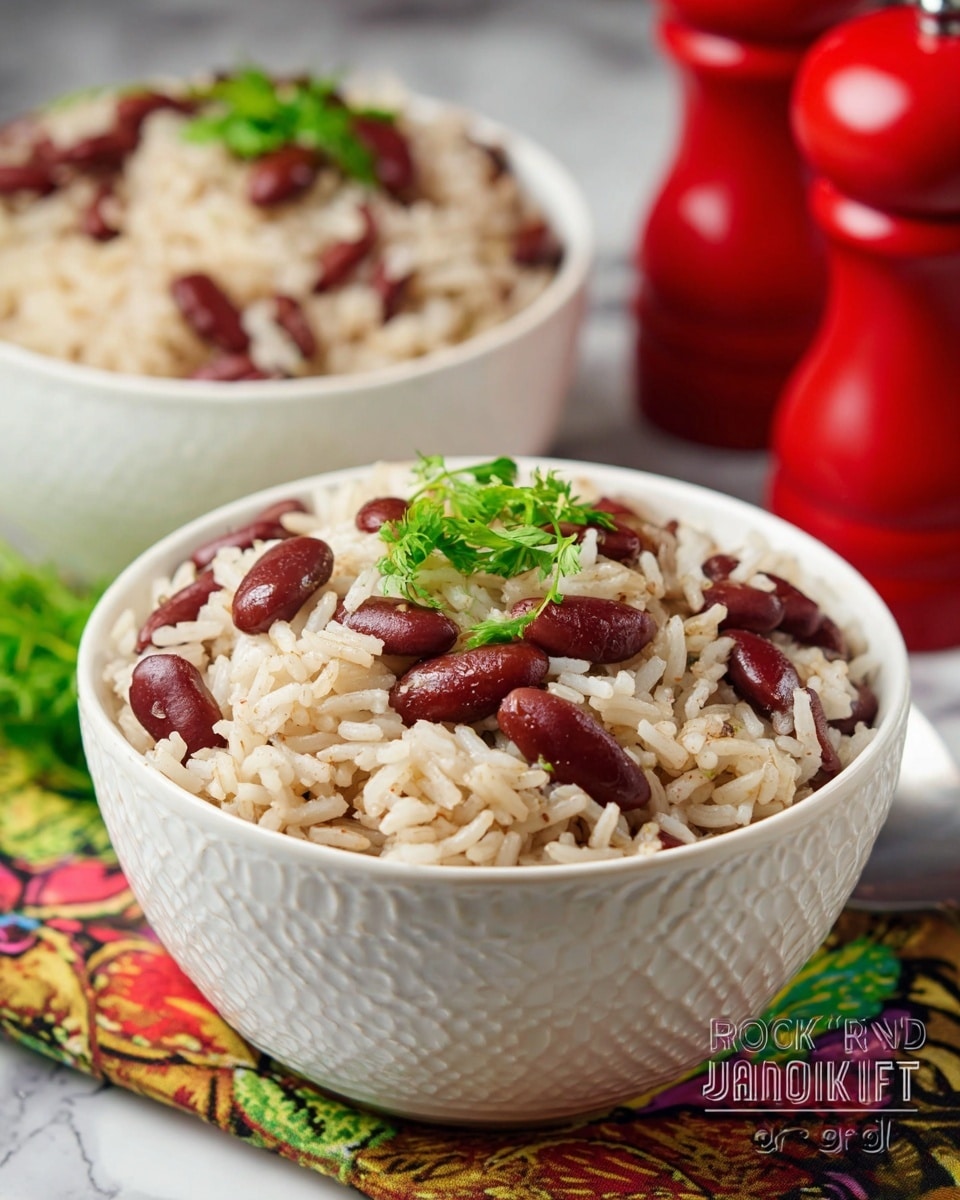 The image shows a close-up of two white bowls filled with Jamaican coconut rice and red kidney beans. The rice is light beige with specks of seasoning, mixed evenly with glossy deep red kidney beans. A small bunch of fresh green herbs sits on top of the rice in the front bowl. The bowls have a textured pattern and are set on a colorful cloth with a white marbled surface beneath. In the background, two red wooden pepper mills are blurred. The photo taken with an iphone --ar 4:5 --v 7