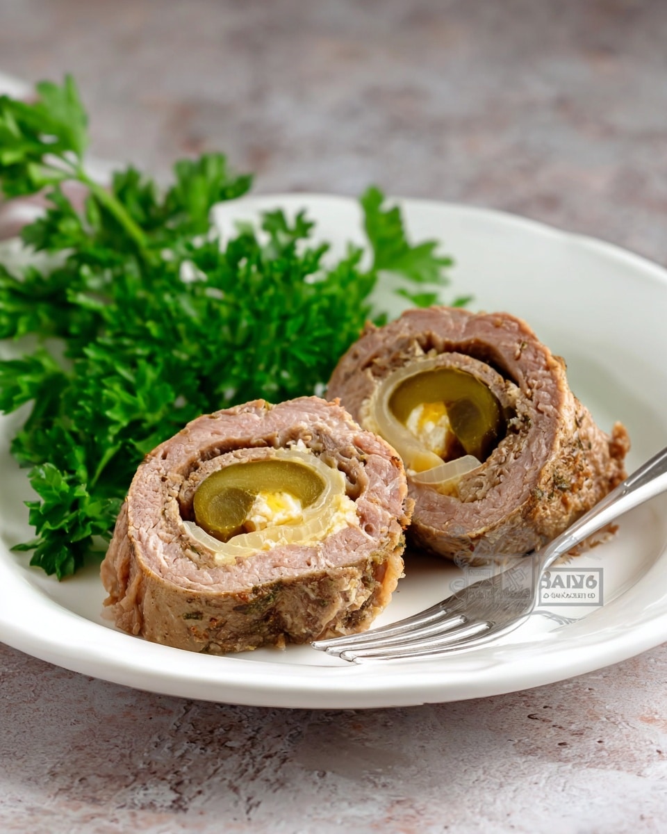 Two slices of rolled meat with a textured brown surface filled with layers of light yellow cheese, thinly sliced onions, and a green pickle in the center are placed on a white plate. Behind the meat rolls, there is a small bunch of fresh green parsley adding a touch of color. A silver fork is placed on the right side of the plate, which is set on a white marbled textured surface. The lighting is soft, bringing out the details of the meat and the freshness of the parsley. Photo taken with an iphone --ar 4:5 --v 7