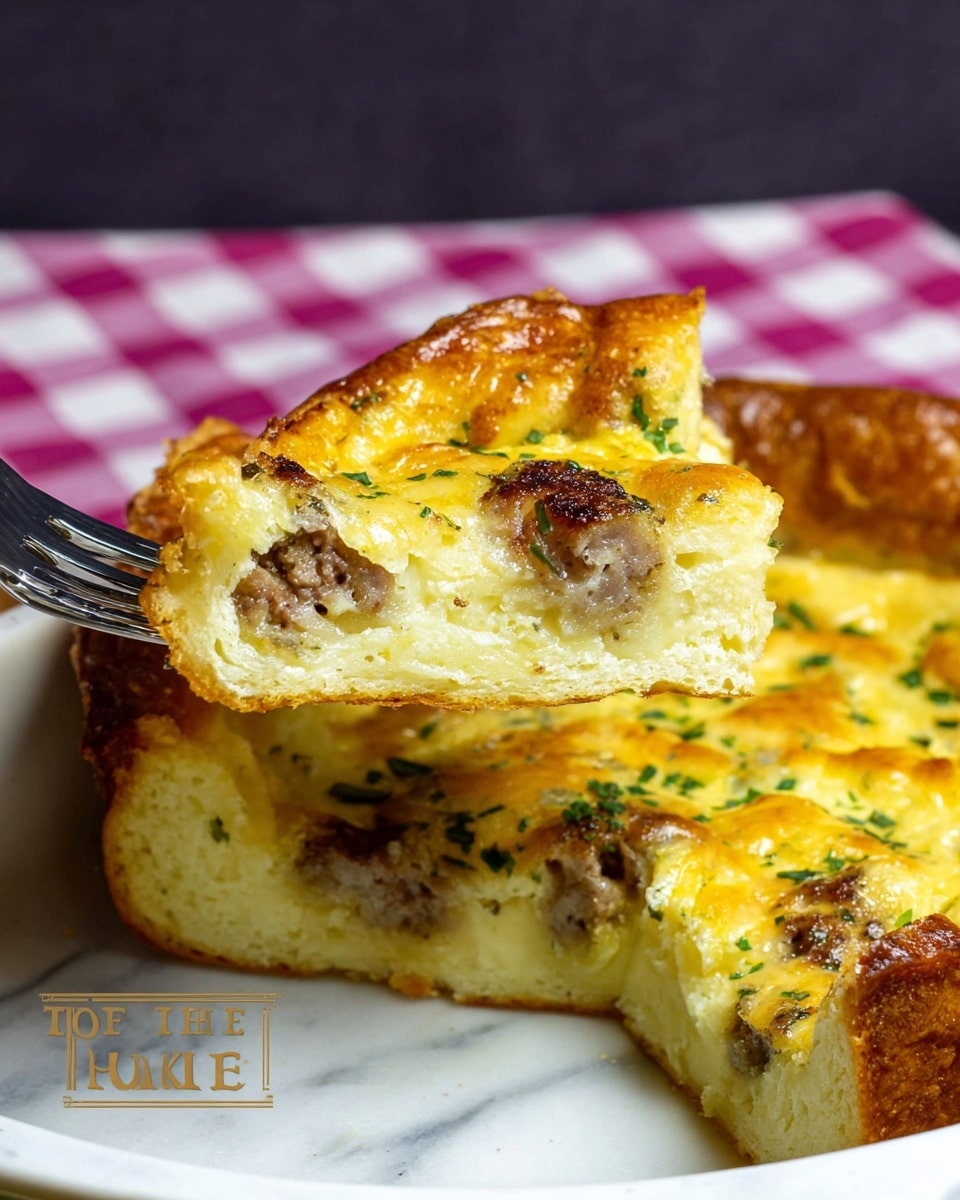 A close-up of a white dish filled with toad in the hole, showing one slice lifted by a fork. The dish has two main layers: the top layer is golden brown and fluffy with a light texture, sprinkled with small green herb pieces, while the bottom layer reveals cooked brown sausage bits embedded in a soft, pale yellow pudding batter. The background is a white marbled texture with a pink and white checkered cloth slightly blurred behind the dish. Photo taken with an iphone --ar 4:5 --v 7