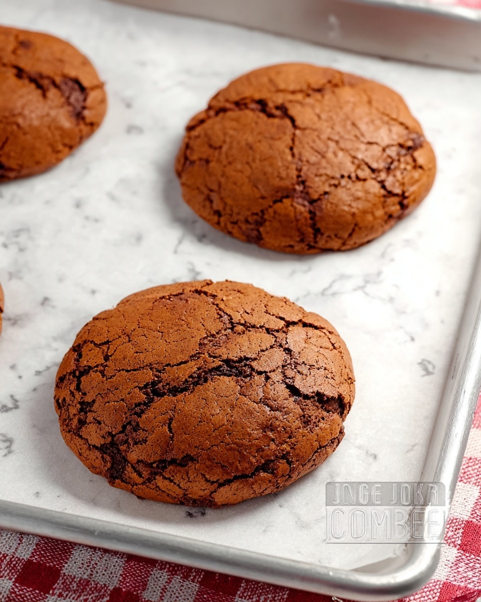 The image shows three round, slightly cracked chocolate cookies with a rich brown color on a white marbled textured baking tray lined with white parchment paper. Each cookie looks thick and soft with an uneven, rustic surface indicating a chewy texture. The edges are slightly raised and rough, and the cookies are spaced out, with the tray bordered by a metal edge and part of a red and white checkered cloth visible in the top right corner. photo taken with an iphone --ar 4:5 --v 7