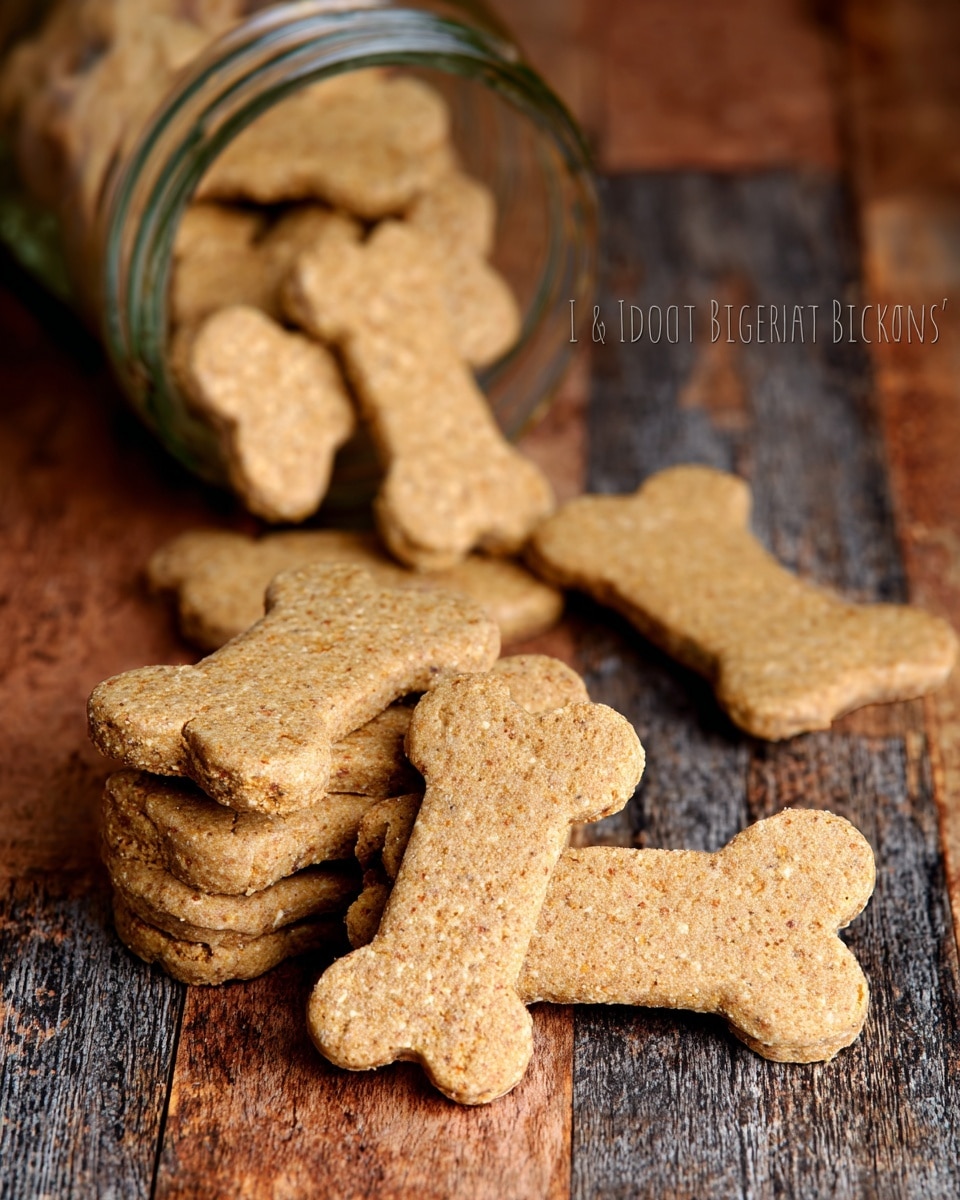 The image shows several light brown, bone-shaped dog biscuits with a coarse texture, scattered on a rustic wooden surface. The biscuits have a thick, solid appearance and some are stacked, showing their thickness clearly. In the background, more biscuits spill out from a glass jar lying on its side, adding depth to the scene. The wooden surface underneath has a worn, natural look with mixed dark and light brown tones. Photo taken with an iphone --ar 4:5 --v 7