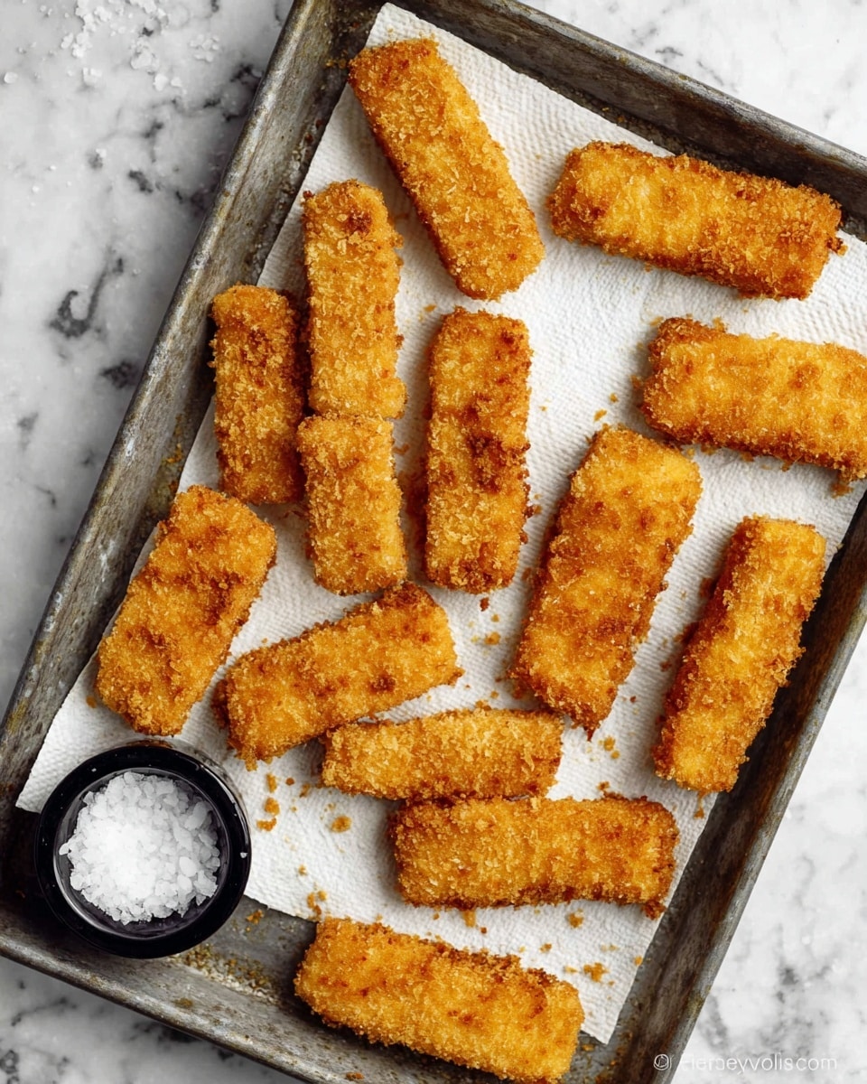 The image shows a metal baking tray lined with white paper towels, holding fourteen pieces of golden brown breaded fish sticks arranged in a scattered, yet neat pattern. Each fish stick has a crispy and textured outer layer with uneven edges, showing a crunchy coating. Near the top center of the tray, there is a small round black container filled with coarse white salt, some of which is spilled on the paper towel. The tray sits on a white marbled surface. photo taken with an iphone --ar 4:5 --v 7