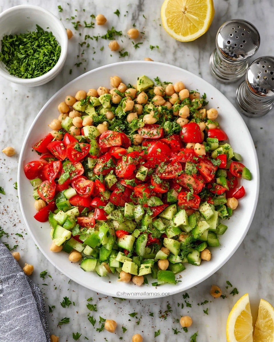A white plate filled with a fresh salad showing three main layers: small round light beige chickpeas scattered evenly, diced bright red cherry tomatoes cut in halves, and chopped green vegetables including cucumbers and bell peppers, all mixed together and topped with finely chopped green herbs and a sprinkle of black pepper. The salad sits on a white marbled textured surface, with some chickpeas scattered around the plate’s edge, a lemon half, salt and pepper grinders, and a small white bowl with diced avocado visible in the background. Photo taken with an iphone --ar 4:5 --v 7