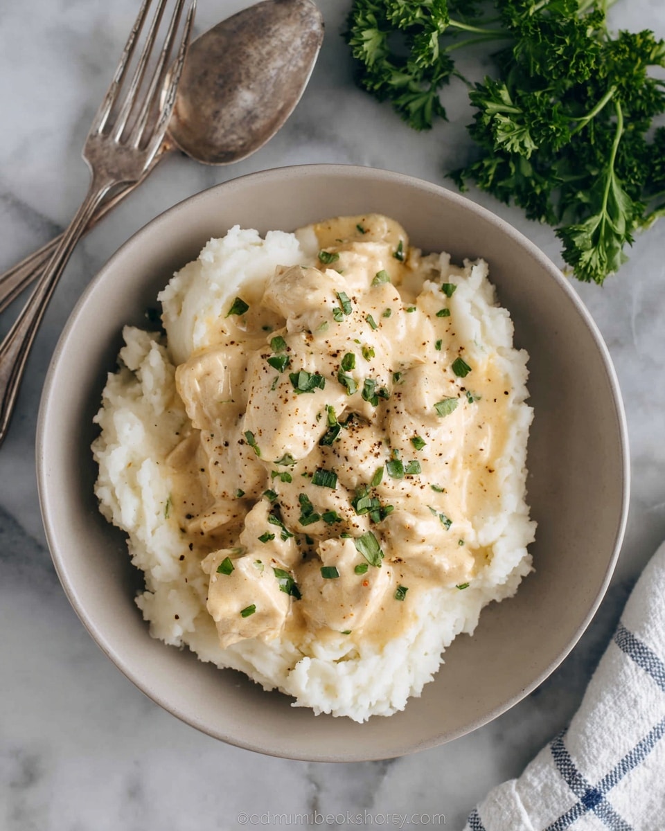 A close-up shows a white slow cooker filled with creamy chicken and gravy. The dish has one main layer of thick, beige sauce covering shredded chicken pieces with a smooth, slightly glossy texture. Small green herb bits and black pepper are sprinkled on top, adding contrast. A detailed silver spoon rests inside, scooping up some chicken in the sauce. The cooker is sitting on a white marbled surface, and part of a white bowl with mashed potatoes is seen in the background. Photo taken with an iphone --ar 4:5 --v 7