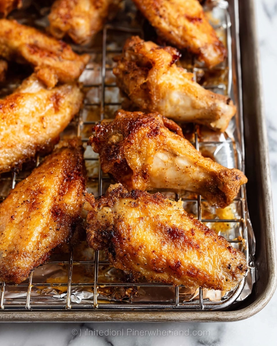 The image shows several pieces of golden-brown fried chicken wings arranged on a metal rack over a baking tray lined with foil. The chicken wings have a crispy skin with a slightly crunchy texture, showing a mix of light and darker brown spots from frying. The wings are placed close to each other in one layer, with some oil glistening on the foil beneath. The background surface is a white marbled texture. Photo taken with an iphone --ar 4:5 --v 7