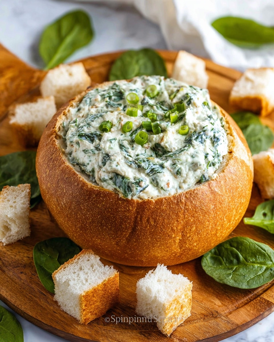A round bread bowl with a golden brown crust is filled with a thick creamy spinach dip, which is light green with small darker green spinach pieces mixed throughout. The dip is topped with fresh sliced green onions scattered on top. Around the bread bowl, there are several small, soft white bread cubes placed for dipping. Fresh spinach leaves are arranged around the bread bowl on a white marbled surface. The dish is all set on a round white wooden board. photo taken with an iphone --ar 4:5 --v 7