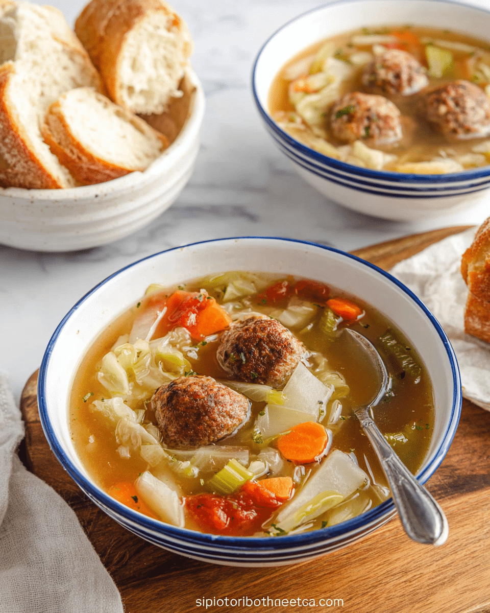 Two white bowls of meatball soup sit on a wooden board over a white marbled surface. Each bowl holds a broth filled with four brown meatballs, diced orange carrots, green celery, white onions, red bell peppers, and bits of cabbage, all floating in a clear brown broth with small green herb pieces on top. Next to the bowls is a white dish with sliced toasted bread and a green leafy herb garnish. A metal spoon rests inside the bottom bowl. The scene looks fresh and comforting. photo taken with an iphone --ar 4:5 --v 7