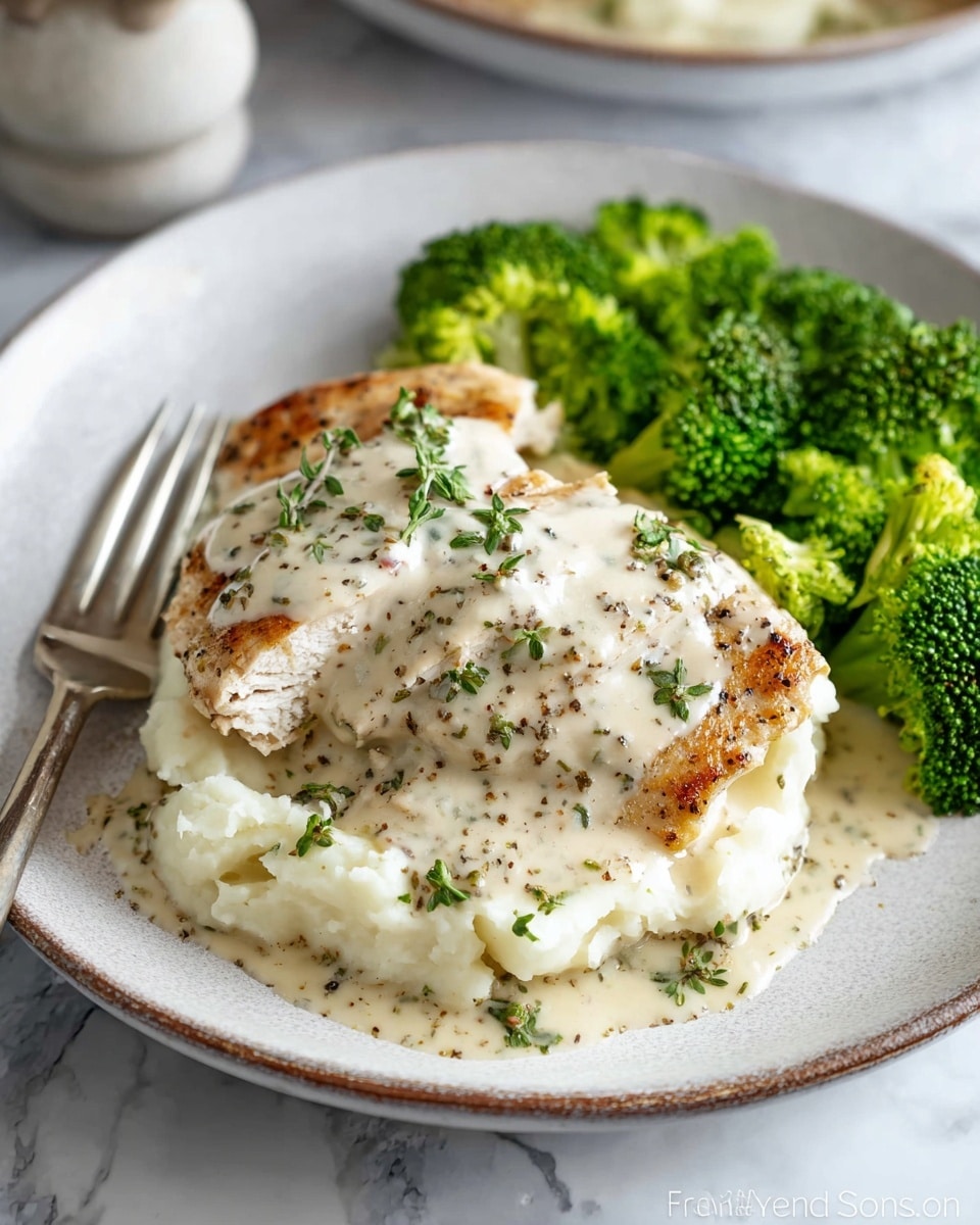 The image shows a white round plate with three main layers of food. The bottom layer is creamy white mashed potatoes with a soft, fluffy texture. The middle layer is a light golden brown cooked chicken breast that has some grill marks. On top is a thick, creamy white sauce with specks of chopped herbs and black pepper, covering the chicken partly and spilling onto the potatoes. On the right side of the plate are bright green broccoli florets with a slightly shiny surface, indicating they are cooked but still crisp. In the background, a silver fork rests on the left side of the plate, and the entire dish is set on a white marbled surface. Photo taken with an iphone --ar 4:5 --v 7
