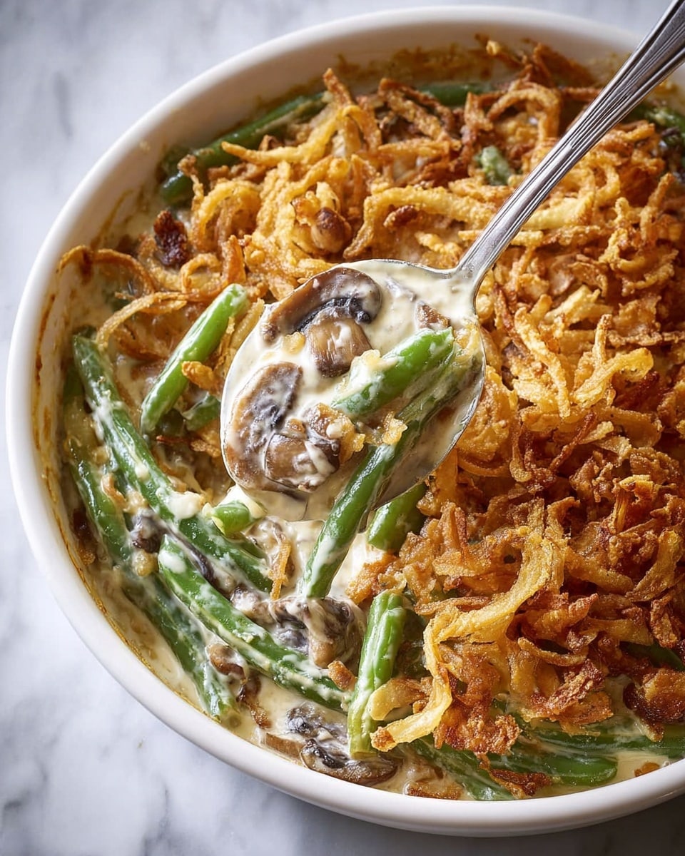 A cooked green bean casserole is shown in a round white dish. The bottom layer consists of bright green beans mixed with light brown sliced mushrooms coated in a thick, creamy white sauce. The top layer is made of golden brown, crispy fried onions, spread evenly over the green beans, creating a crunchy texture contrast. A metal spoon is scooping some casserole from the dish, revealing the creamy sauce and vegetables inside. The background surface is a white marbled texture. photo taken with an iphone --ar 4:5 --v 7