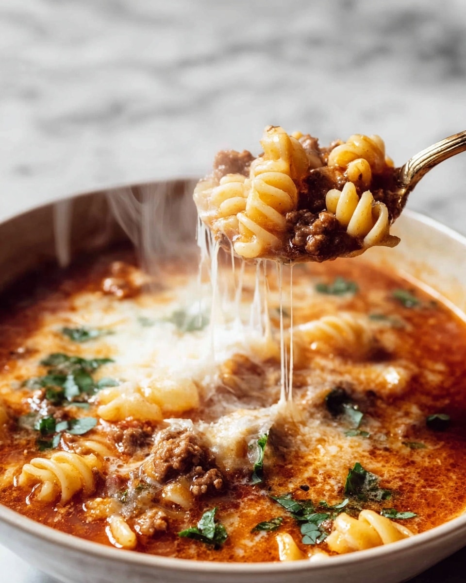 A close-up view of a white bowl filled with a rich, reddish-brown soup containing curly pasta and small pieces of ground meat. The soup has a thick texture with melted white cheese strings stretching from the bowl to a spoon lifting a portion of the pasta and meat. On the surface of the soup, there are scattered green herb pieces adding a fresh touch. Steam rises gently from the hot soup, showing its warmth. The bowl is set on a white marbled texture. photo taken with an iphone --ar 4:5 --v 7