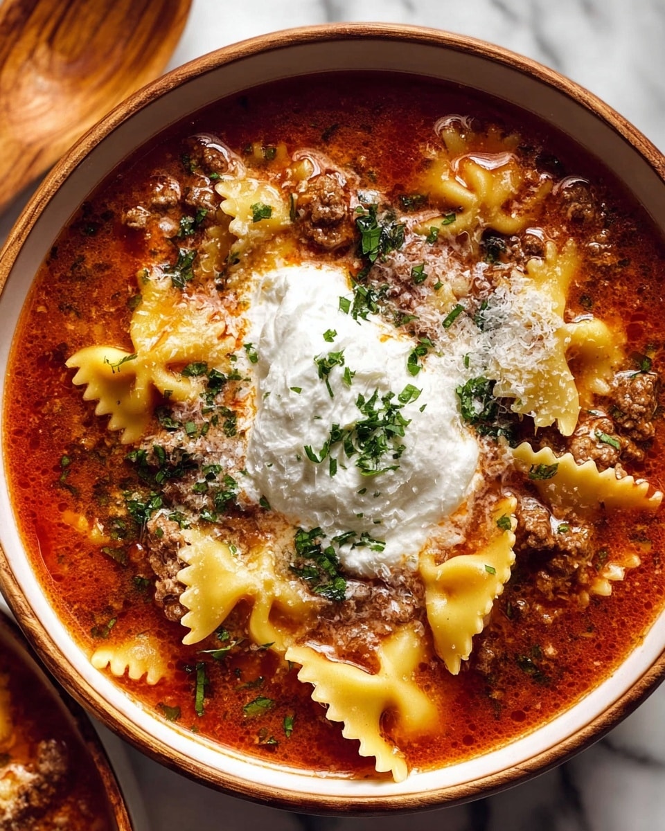 A close-up view of a white bowl filled with a rich red sauce lasagna soup, featuring ruffled yellow pasta pieces partly submerged in the broth. The soup has visible small chunks of cooked ground meat and is topped with a generous dollop of white ricotta cheese in the center. Around the cheese, finely chopped green herbs are sprinkled, along with a light dusting of grated cheese, adding texture and color contrast. The bowl sits on a white marbled surface with a wooden spoon partially visible in the corner. photo taken with an iphone --ar 4:5 --v 7