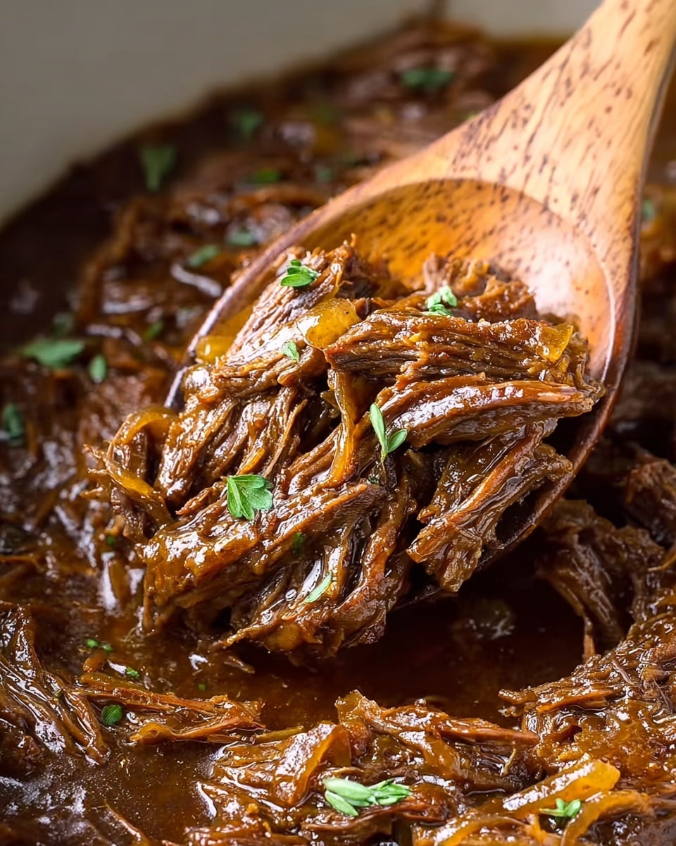 A close-up view of shredded brown beef cooked in a rich, glossy dark brown sauce with visible strands of tender meat and softened translucent onions mixed in, garnished with small sprigs of fresh green herbs. The dish is shown being lifted by a wooden spoon, highlighting the moist and juicy texture of the beef and the sauce pooling below. The background has a subtle white marbled texture. photo taken with an iphone --ar 4:5 --v 7