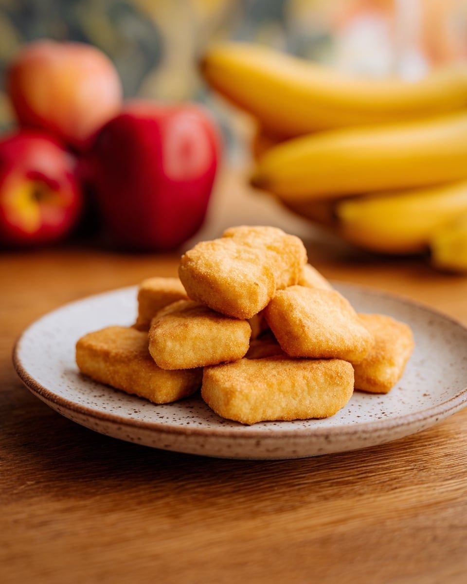A small pile of golden-brown rectangular nuggets with slightly uneven surfaces is stacked in the center of a white plate with speckled texture. In the blurred background, there are red apples and a bunch of yellow bananas placed on a wooden table, giving a warm and cozy feel to the scene. The image is softly lit, highlighting the crispy texture of the nuggets. Photo taken with an iphone --ar 4:5 --v 7