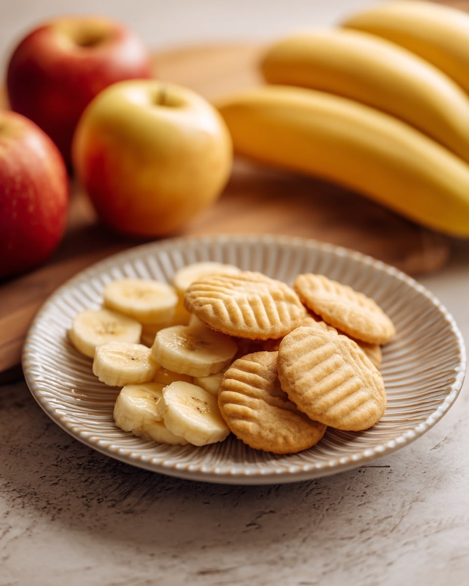 A white plate with ridged edges holds a simple snack with two layers: at the bottom, round slices of pale yellow banana arranged flat, and on top, light golden-brown, ridged cookies placed loosely. In the background on a white marbled textured surface, there are red and yellow apples on the left and a bunch of yellow bananas on the right, softly blurred. Photo taken with an iphone --ar 4:5 --v 7