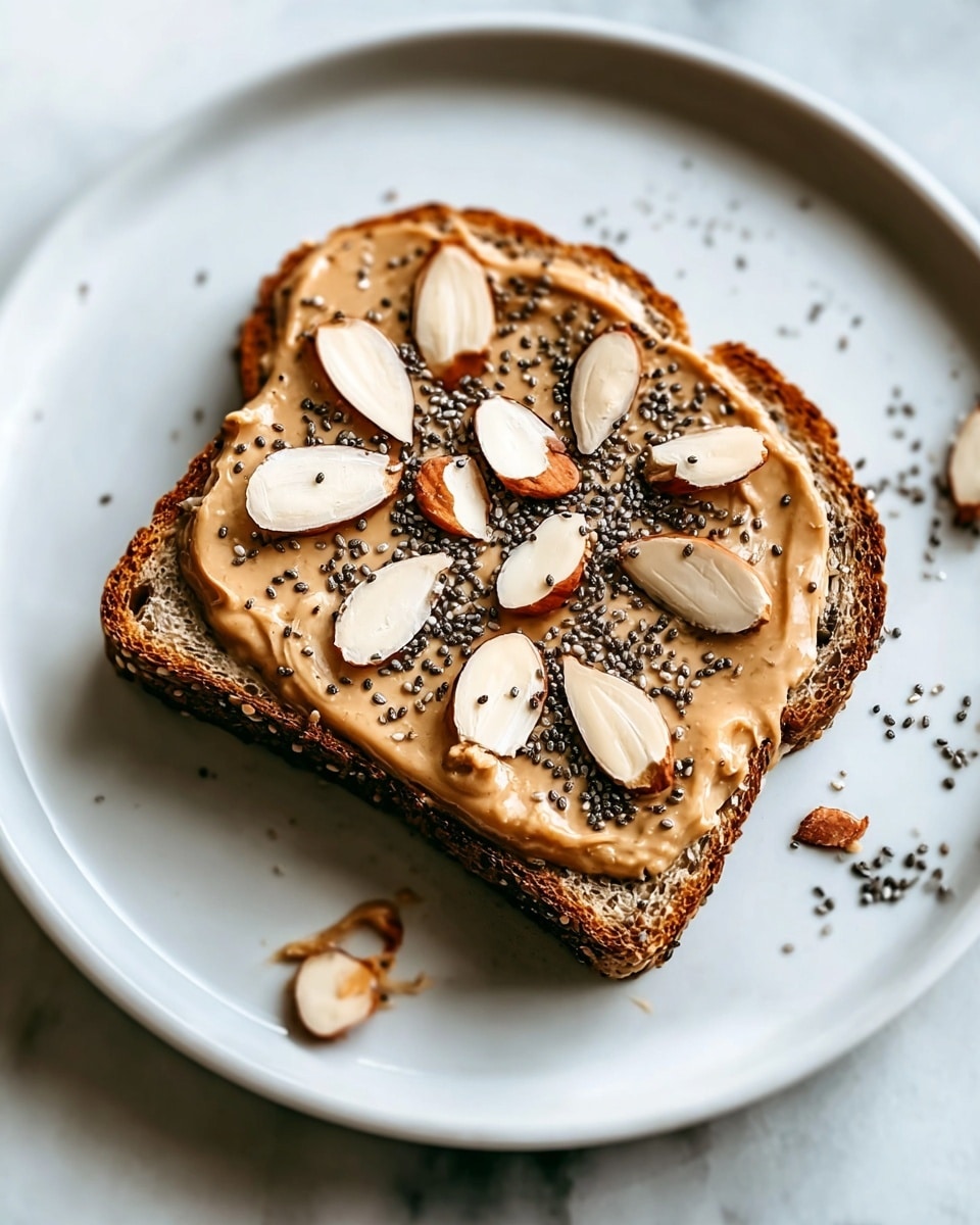 A slice of multigrain bread with visible seeds on the crust rests on a white plate, topped with a thick layer of smooth light brown peanut butter. Several thin, oval almond slices with light cream centers and dark brown edges are scattered evenly over the peanut butter, along with small black chia seeds sprinkled on top and some falling onto the plate. The plate sits on a white marbled surface. photo taken with an iphone --ar 4:5 --v 7