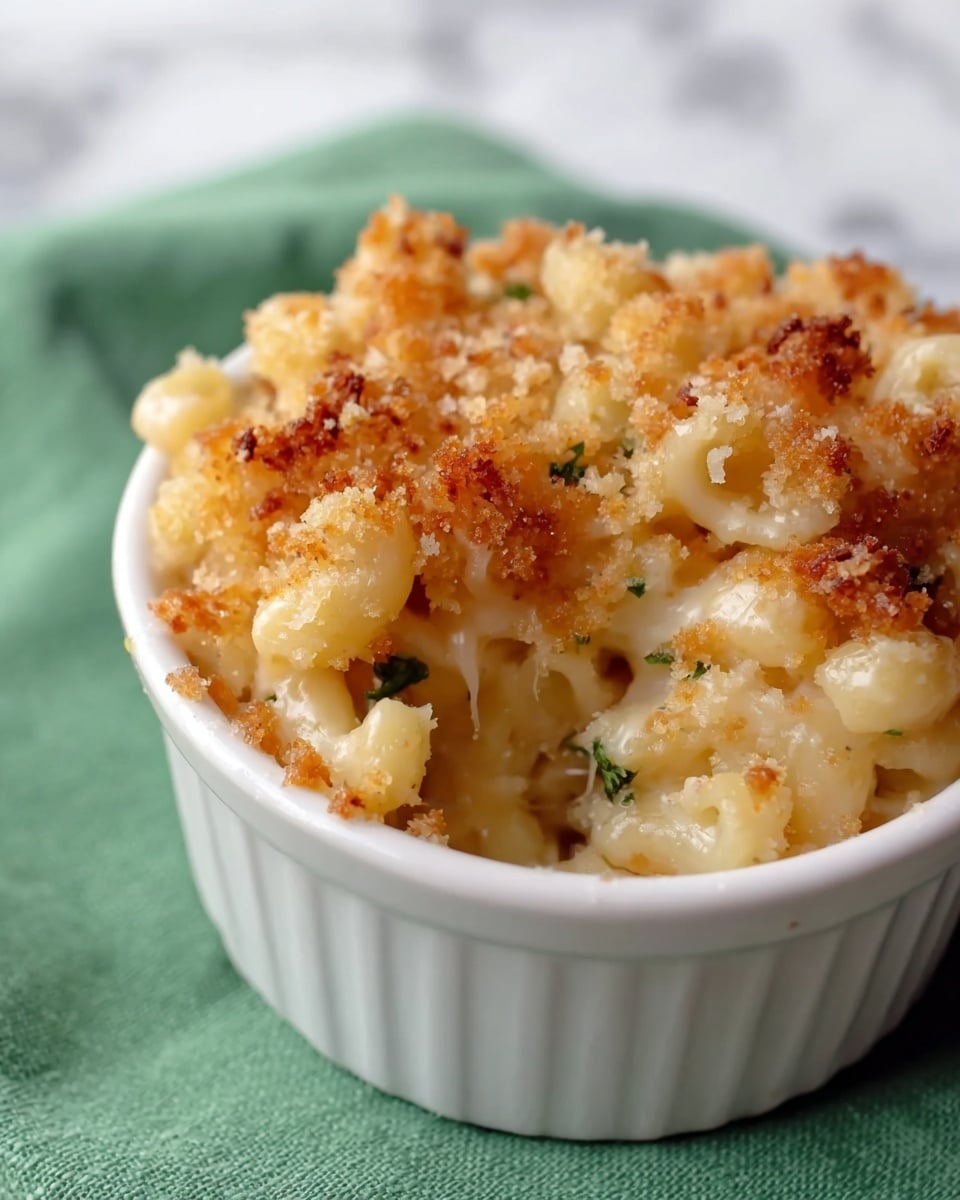 A close-up view of a small white ramekin filled with creamy macaroni and cheese. The dish has two main layers: the soft, pale yellow macaroni pasta mixed with melted white cheese, and a golden brown crumb topping with a crunchy texture scattered unevenly on top. The macaroni is coated with the cheese sauce, giving a shiny, smooth look, while small bits of herbs add a touch of green color throughout. The ramekin is placed on a green cloth, set on a white marbled surface. photo taken with an iphone --ar 4:5 --v 7