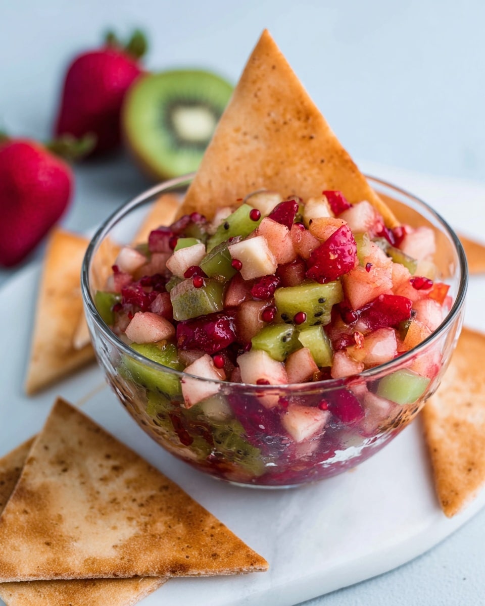 A glass bowl filled with a colorful mix of finely chopped fruits, including pale pink apple pieces, bright red raspberries, and small green kiwi chunks, all combined with red strawberry bits and tiny black seeds. The fruit mix sits on a smooth white marbled surface, surrounded by several triangular golden-brown toasted pita chips, one of which is placed standing upright inside the bowl. Whole strawberries and a sliced kiwi with its green interior and brown skin are visible blurred in the background. photo taken with an iphone --ar 4:5 --v 7